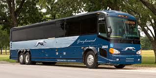 A greyhound bus is parked on the side of the road.